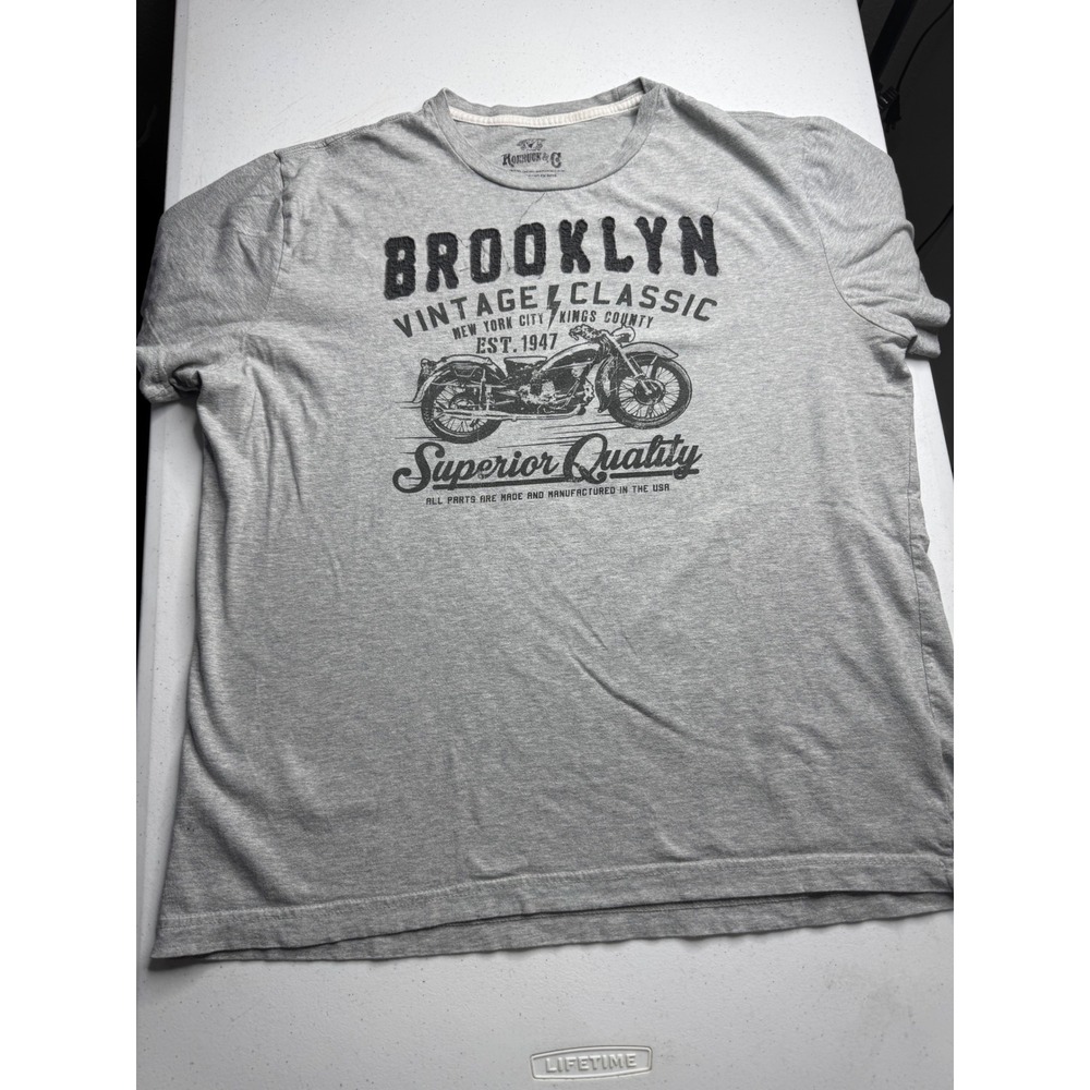 Roebuck & Co Mens Gray Brooklyn Motorcycle Graphic T-Shirt Size Large Distressed
